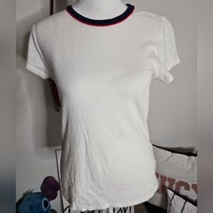 Express Women's Short Sleeve Top Small White w/Blue & Red Collar EUC